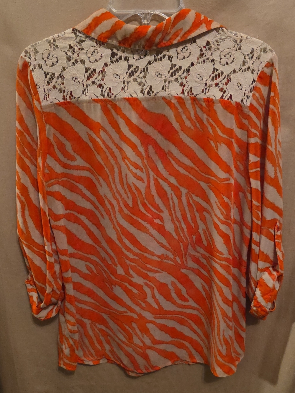 Ladies' Orange and Cream Zebra Print Blouse with Lace L - Picture 3 of 4